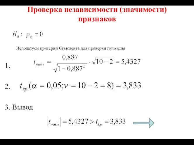 Проверка независимости (значимости) признаков 1. 2. 3. Вывод Используем критерий Стьюдента для проверки гипотезы