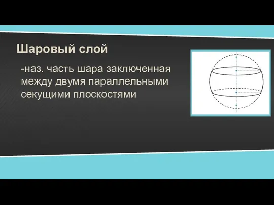 Шаровый слой -наз. часть шара заключенная между двумя параллельными секущими плоскостями