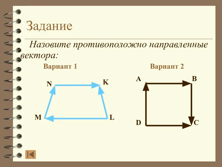 Задание Назовите противоположно направленные вектора: Вариант 1 Вариант 2 A B