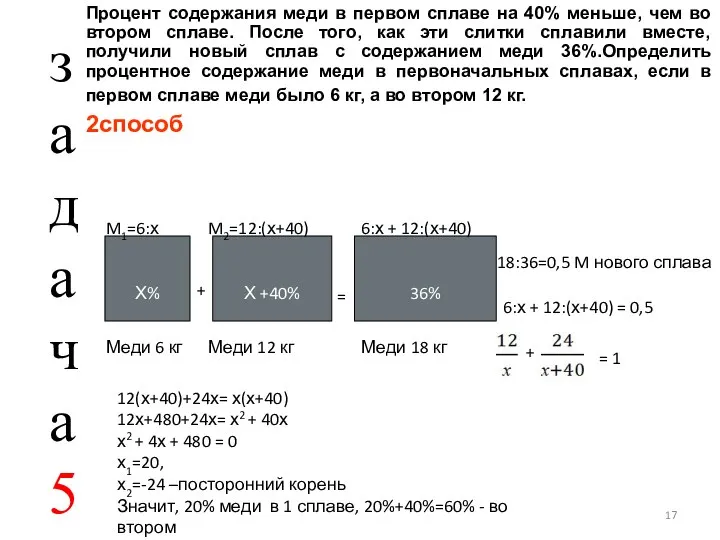 Процент содержания меди в первом сплаве на 40% меньше, чем во