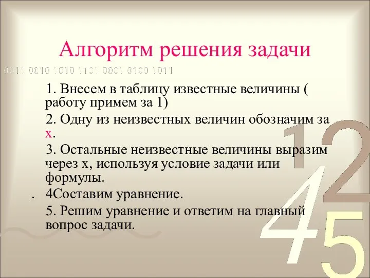 Алгоритм решения задачи 1. Внесем в таблицу известные величины ( работу