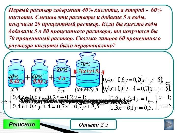 Первый раствор содержит 40% кислоты, а второй - 60% кислоты. Смешав