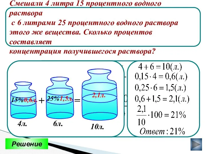 Смешали 4 литра 15 процентного водного раствора с 6 литрами 25