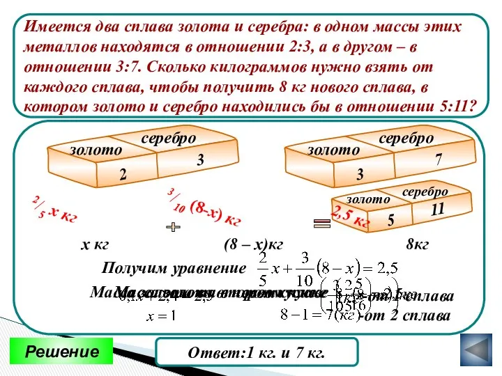 Имеется два сплава золота и серебра: в одном массы этих металлов