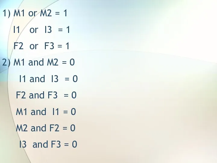 1) M1 or M2 = 1 I1 or I3 = 1