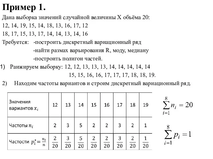 Пример 1. Дана выборка значений случайной величины Х объёма 20: 12,