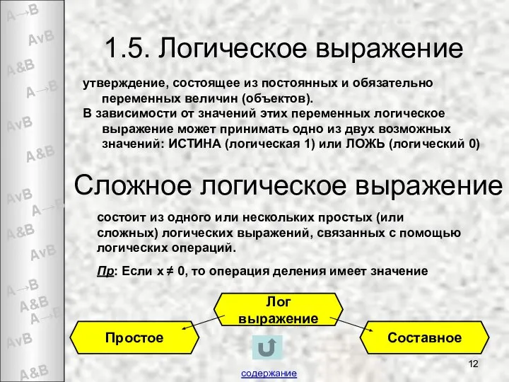 1.5. Логическое выражение утверждение, состоящее из постоянных и обязательно переменных величин