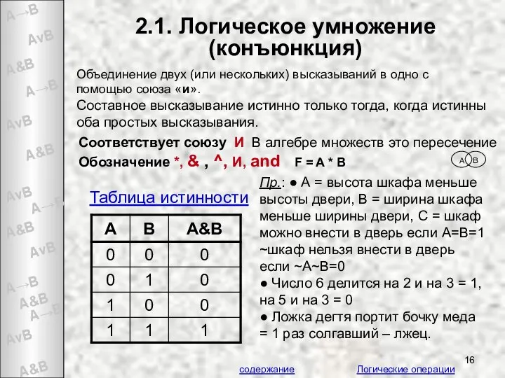 2.1. Логическое умножение (конъюнкция) Объединение двух (или нескольких) высказываний в одно