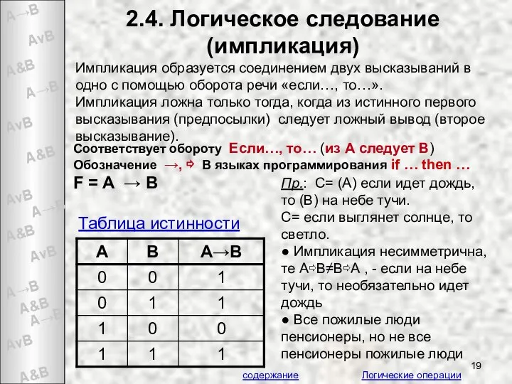 2.4. Логическое следование (импликация) Соответствует обороту Если…, то… (из А следует