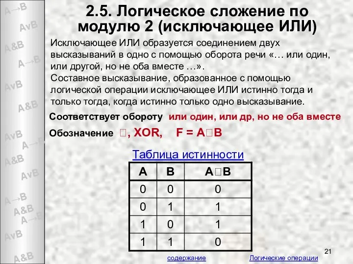 2.5. Логическое сложение по модулю 2 (исключающее ИЛИ) Исключающее ИЛИ образуется