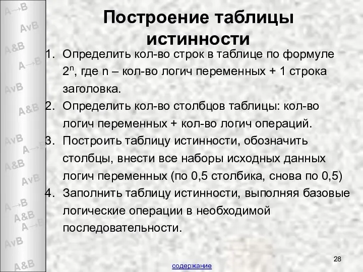 Построение таблицы истинности Определить кол-во строк в таблице по формуле 2n,