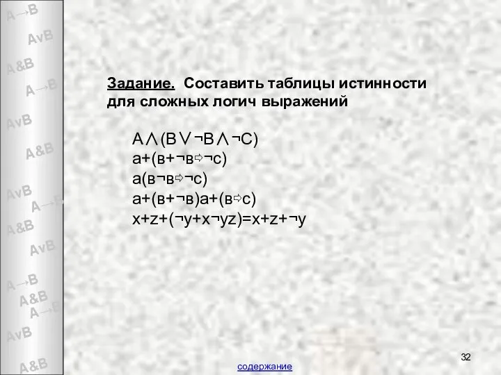 Задание. Составить таблицы истинности для сложных логич выражений А∧(В∨¬В∧¬С) а+(в+¬в⇨¬с) а(в¬в⇨¬с) а+(в+¬в)а+(в⇨с) х+z+(¬у+х¬уz)=x+z+¬y содержание