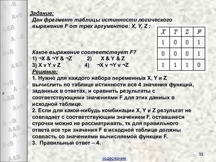 Задание: Дан фрагмент таблицы истинности логического выражения F от трех аргументов: