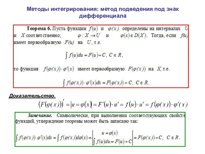 Методы интегрирования: метод подведения под знак дифференциала Доказательство.