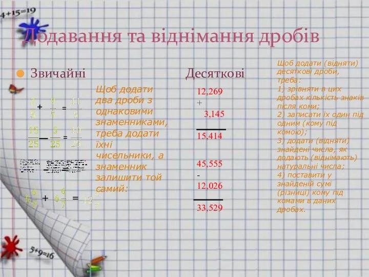 Додавання та віднімання дробів Звичайні Десяткові ₊ = = = +