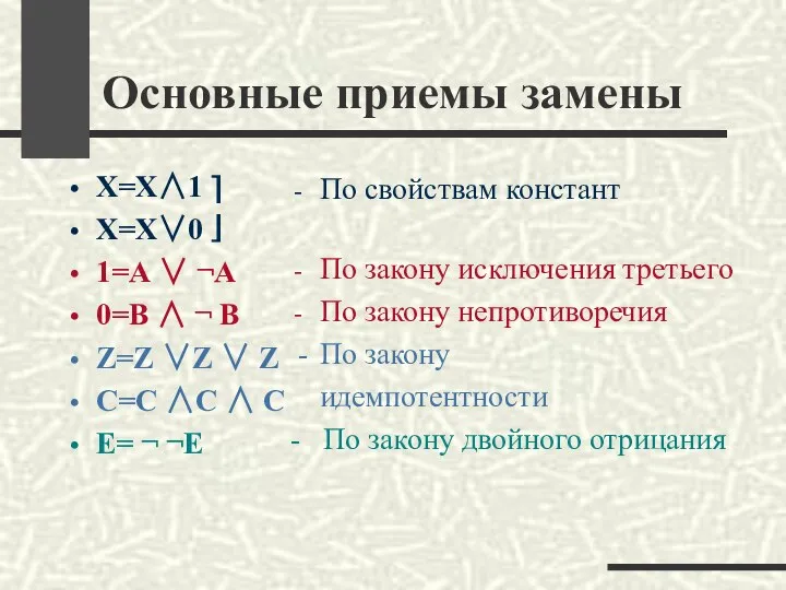 Основные приемы замены X=X∧1 ⎤ X=X∨0 ⎦ 1=А ∨ ¬А 0=В