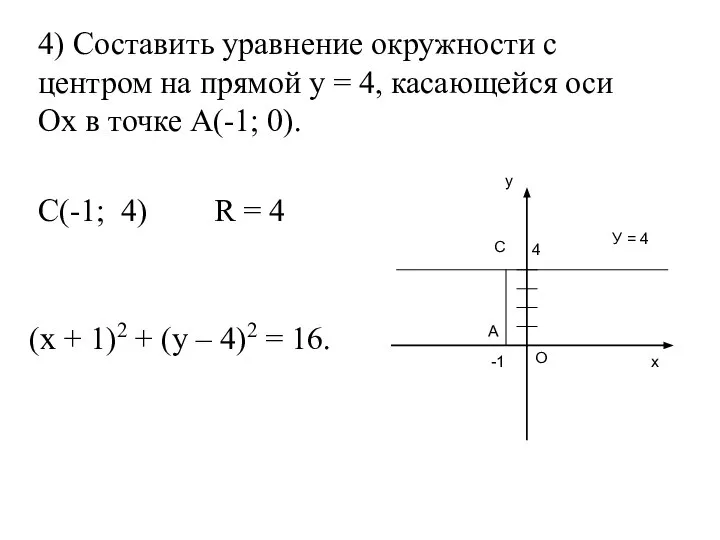 4) Составить уравнение окружности с центром на прямой у = 4,