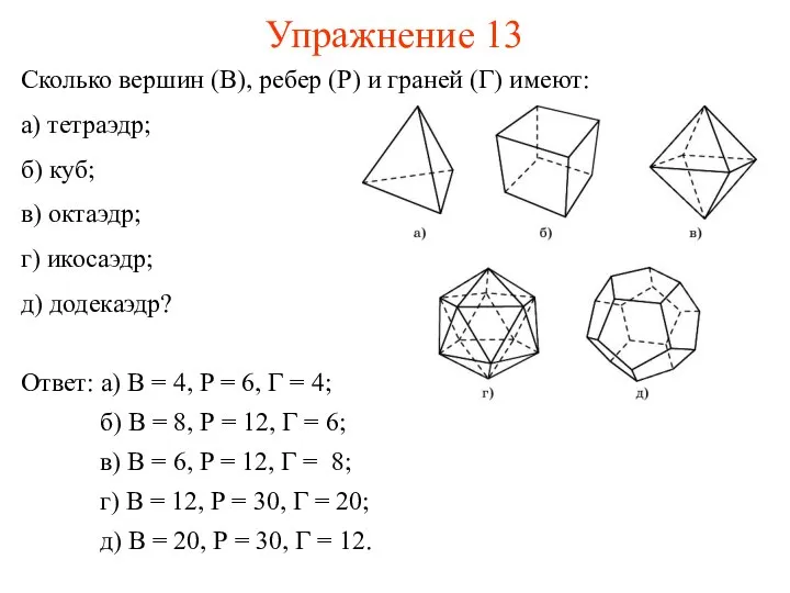 Упражнение 13 Сколько вершин (В), ребер (Р) и граней (Г) имеют: