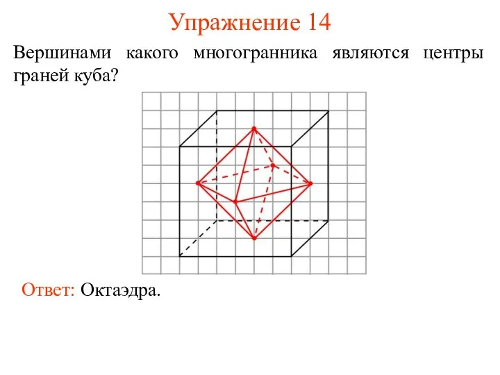 Упражнение 14 Вершинами какого многогранника являются центры граней куба?