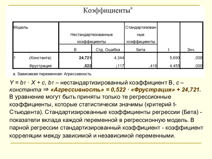 Y = b1 · X + с, b1 – нестандартизированный коэффициент