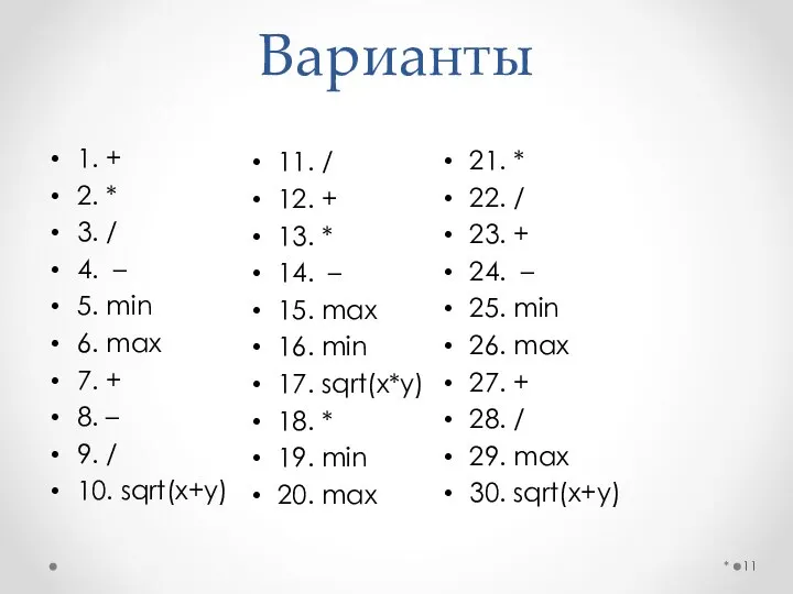 Варианты 1. + 2. * 3. / 4. – 5. min