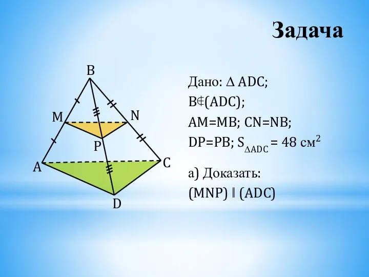Задача Дано: ∆ ADC; B∉(ADC); AM=MB; CN=NB; DP=PB; S∆ADC = 48