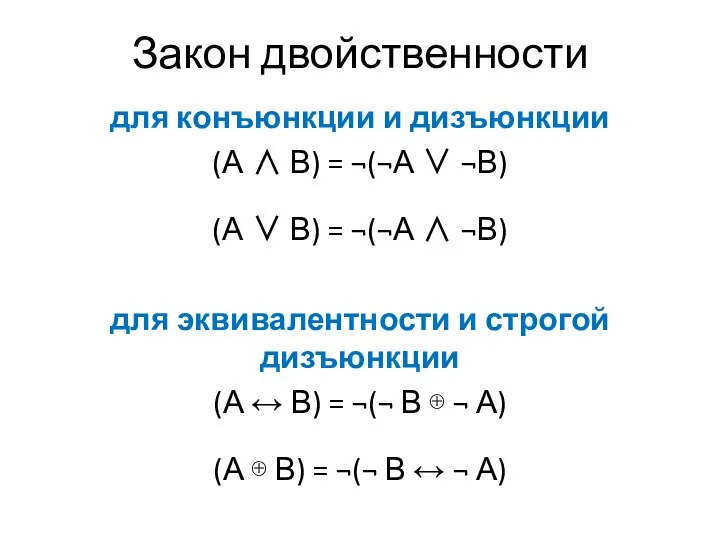 Закон двойственности для конъюнкции и дизъюнкции (А ∧ В) = ¬(¬А