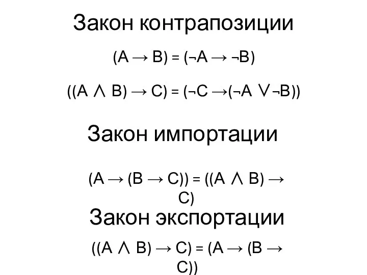 Закон контрапозиции (А → В) = (¬А → ¬В) ((А ∧