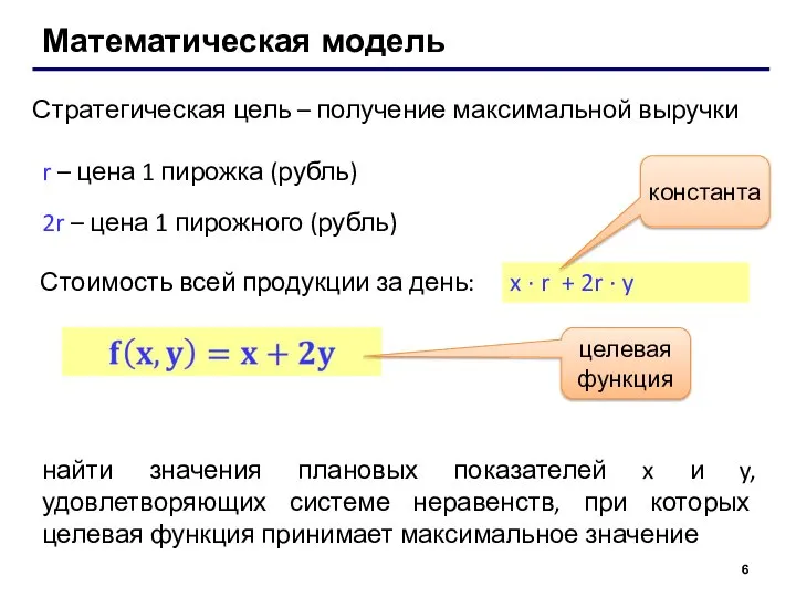 Математическая модель Стратегическая цель – получение максимальной выручки r – цена