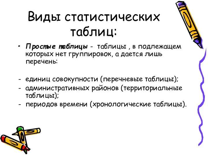 Виды статистических таблиц: Простые таблицы - таблицы , в подлежащем которых