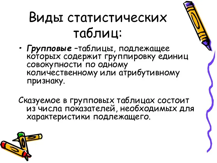 Виды статистических таблиц: Групповые –таблицы, подлежащее которых содержит группировку единиц совокупности