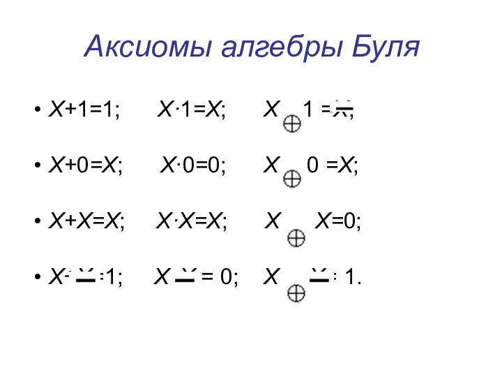 Х+1=1; Х·1=Х; X 1 =X; X+0=Х; X·0=0; X 0 =Х; X+X=Х;