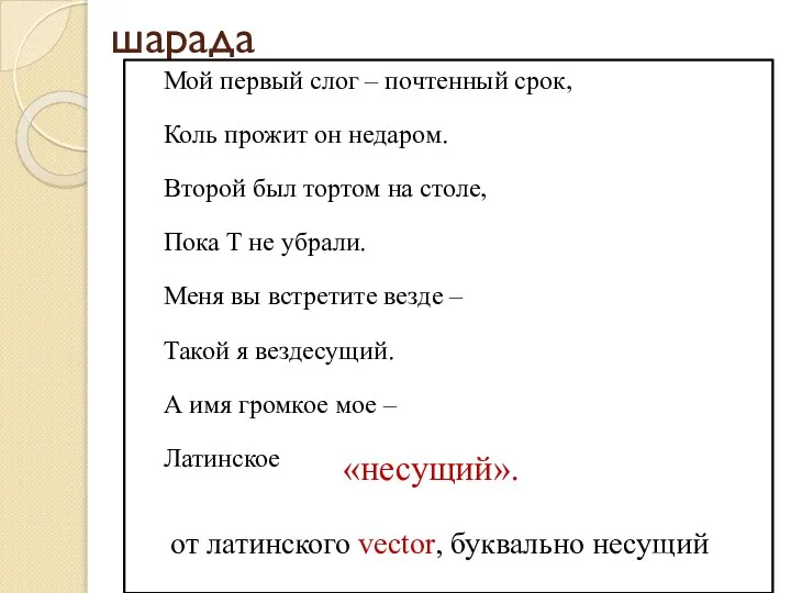 шарада Мой первый слог – почтенный срок, Коль прожит он недаром.