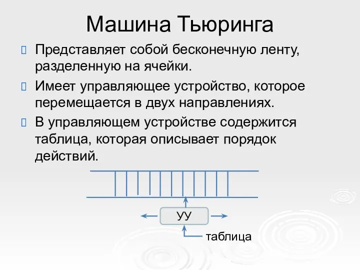 УУ таблица Машина Тьюринга Представляет собой бесконечную ленту, разделенную на ячейки.