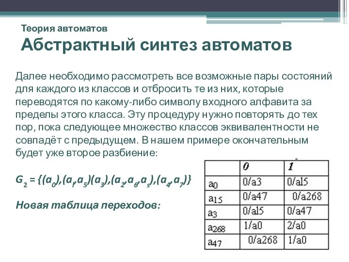 Теория автоматов Абстрактный синтез автоматов Далее необходимо рассмотреть все возможные пары