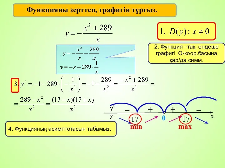 Функцияны зерттеп, графигін тұрғыз. + – – + min max 2.