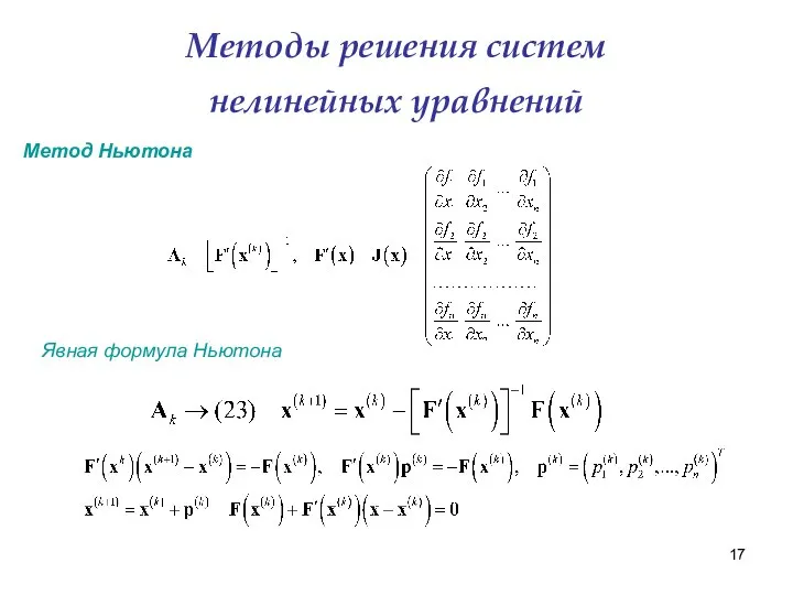 Методы решения систем нелинейных уравнений Метод Ньютона Явная формула Ньютона