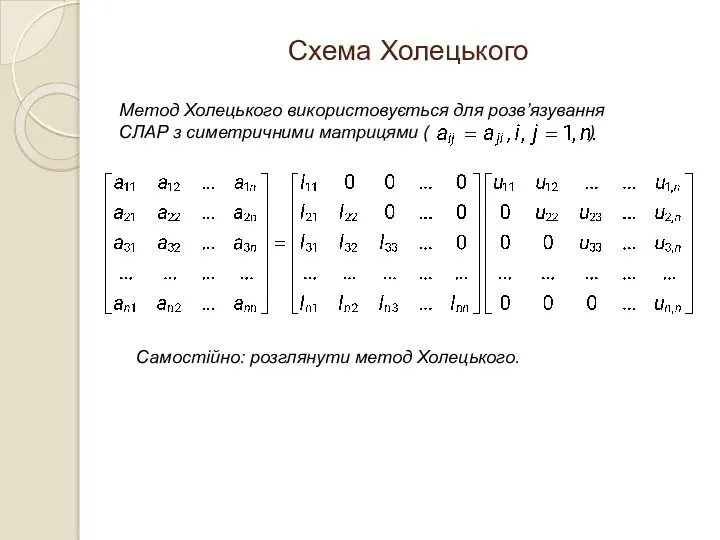 Схема Холецького Самостійно: розглянути метод Холецького. Метод Холецького використовується для розв’язування