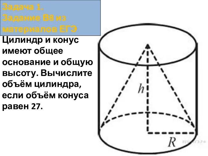 Задача 1. Задание В8 из материалов ЕГЭ Цилиндр и конус имеют