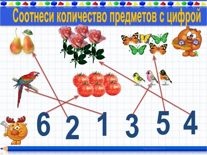 2 5 4 6 1 3 Соотнеси количество предметов с цифрой