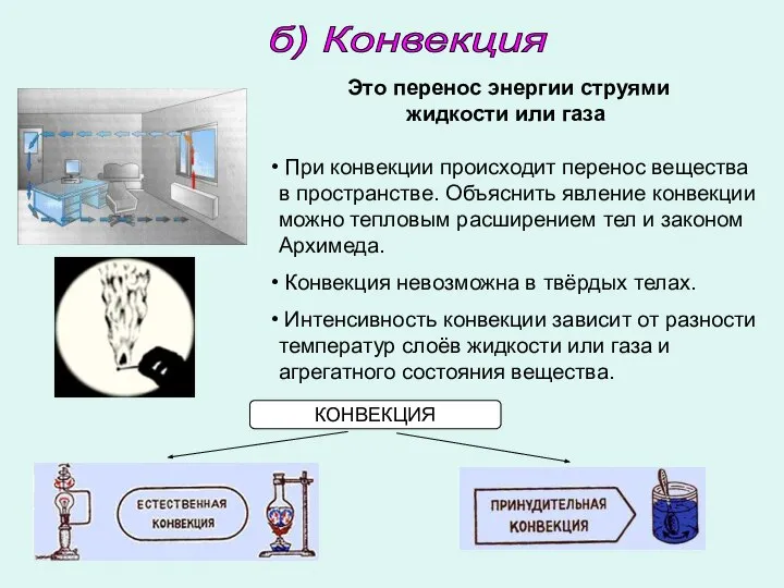 б) Конвекция Это перенос энергии струями жидкости или газа При конвекции