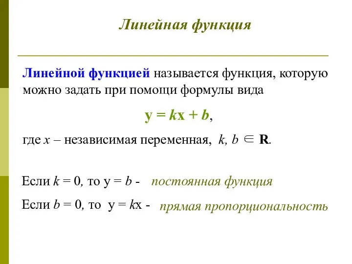 Линейной функцией называется функция, которую можно задать при помощи формулы вида