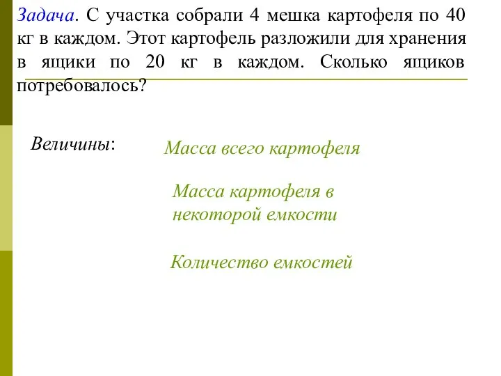 Задача. С участка собрали 4 мешка картофеля по 40 кг в