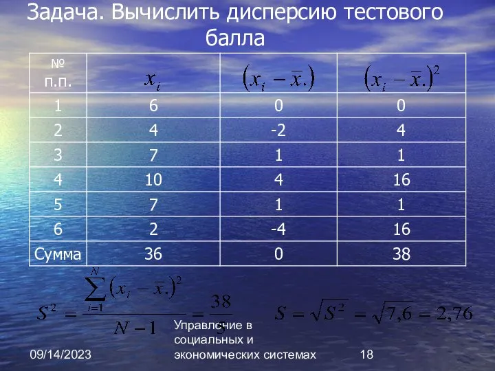 09/14/2023 Управление в социальных и экономических системах Задача. Вычислить дисперсию тестового балла