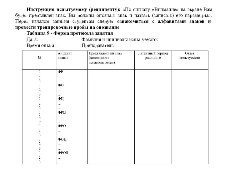 Инструкция испытуемому (реципиенту): «По сигналу «Внимание» на экране Вам будет предъявлен