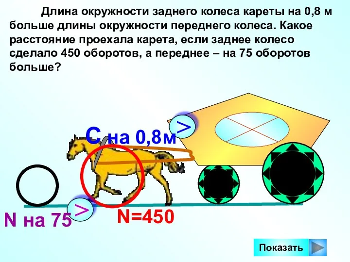 Длина окружности заднего колеса кареты на 0,8 м больше длины окружности