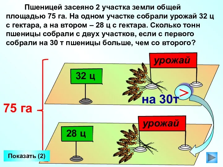 Пшеницей засеяно 2 участка земли общей площадью 75 га. На одном