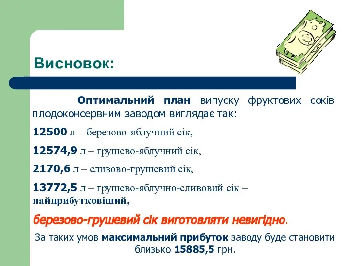 Висновок: Оптимальний план випуску фруктових соків плодоконсервним заводом виглядає так: 12500