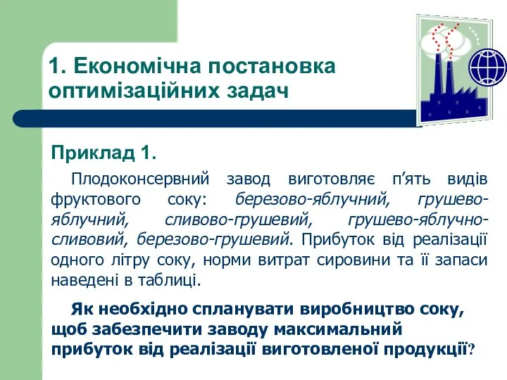 1. Економічна постановка оптимізаційних задач Плодоконсервний завод виготовляє п’ять видів фруктового