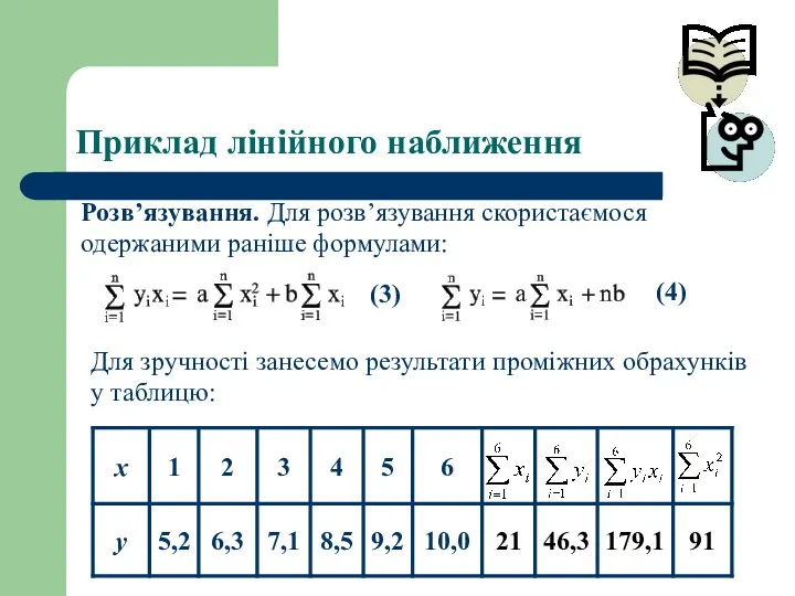 Приклад лінійного наближення Розв’язування. Для розв’язування скористаємося одержаними раніше формулами: Для